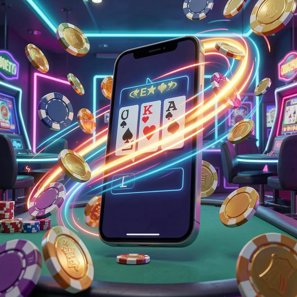 Smartphone displaying the TK6688 casino app with fast access, surrounded by speed light trails, flying coins and chips against a modern neon casino background in a dynamic 3D render Smartphone displaying the TK6688 casino app with fast access, surrounded by speed light trails, flying coins and chips against a modern neon casino background in a dynamic 3D render