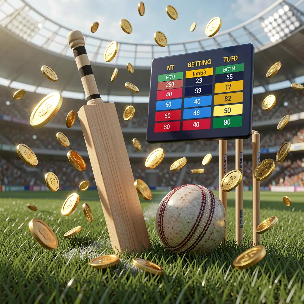 Realistic 3D illustration of a cricket bat, ball, and wickets on stadium grass with floating betting odds interface and golden coins flying, showcasing TK6688 sports betting page Realistic 3D illustration of a cricket bat, ball, and wickets on stadium grass with floating betting odds interface and golden coins flying, showcasing TK6688 sports betting page