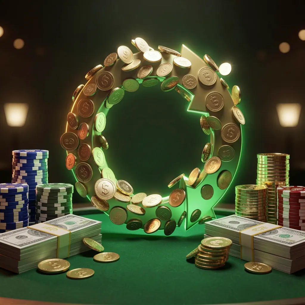 Realistic 3D render of a cashback casino bonus scene featuring coins moving in a circular arrow, stacks of chips, and cash bundles with green and gold glow, representing TK6688 casino rewards Realistic 3D render of a cashback casino bonus scene featuring coins moving in a circular arrow, stacks of chips, and cash bundles with green and gold glow, representing TK6688 casino rewards