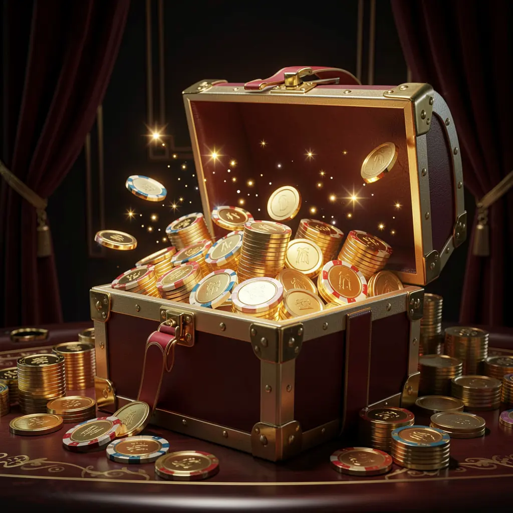 Glowing gift box filled with free casino chips and golden coins representing TK6688 no deposit casino bonus, with magical sparkle effects on a luxury dark background creating an exciting reward atmosphere Glowing gift box filled with free casino chips and golden coins representing TK6688 no deposit casino bonus, with magical sparkle effects on a luxury dark background creating an exciting reward atmosphere