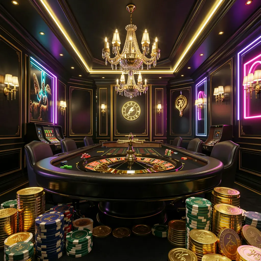 Luxury casino hall with roulette table, poker chips, and golden coins in a premium black and gold atmosphere featuring glowing neon lights, showcasing the TK6688 online casino experience