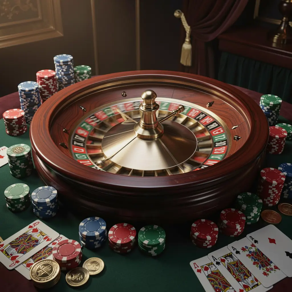 Classic casino scene featuring a spinning roulette wheel with scattered chips, cards, and coins on a table, illuminated by cinematic lighting against an elegant dark background, showcasing the TK6688 brand atmosphere.