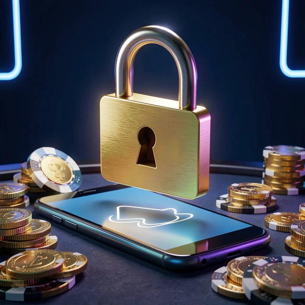TK6688 casino login security image showing a glowing padlock floating above a smartphone with golden coins and chips scattered around against a dark blue neon background in a premium realistic 3D render TK6688 casino login security image showing a glowing padlock floating above a smartphone with golden coins and chips scattered around against a dark blue neon background in a premium realistic 3D render