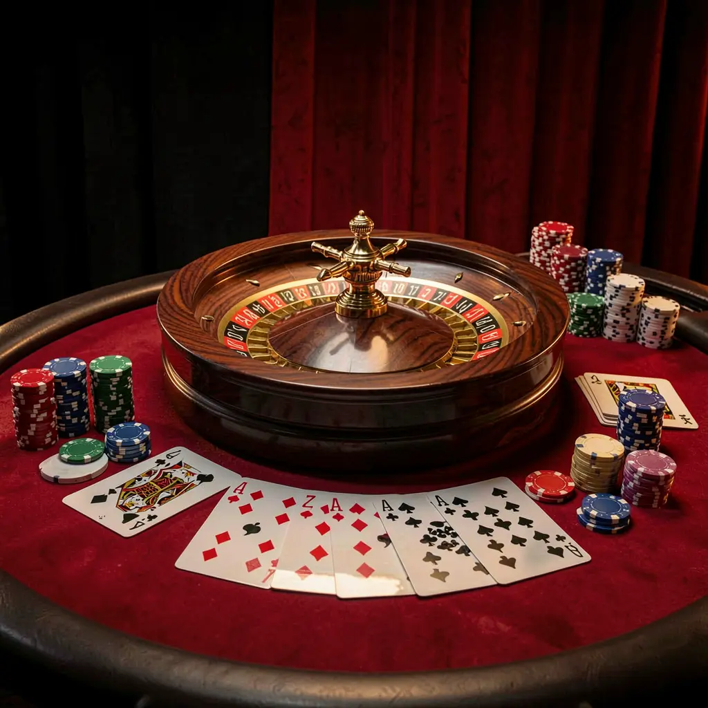 Elegant gaming table with roulette, blackjack cards, poker chips, and coins under luxury cinematic lighting on a black and red background, showcasing the TK6688 online casino platform Elegant gaming table with roulette, blackjack cards, poker chips, and coins under luxury cinematic lighting on a black and red background, showcasing the TK6688 online casino platform