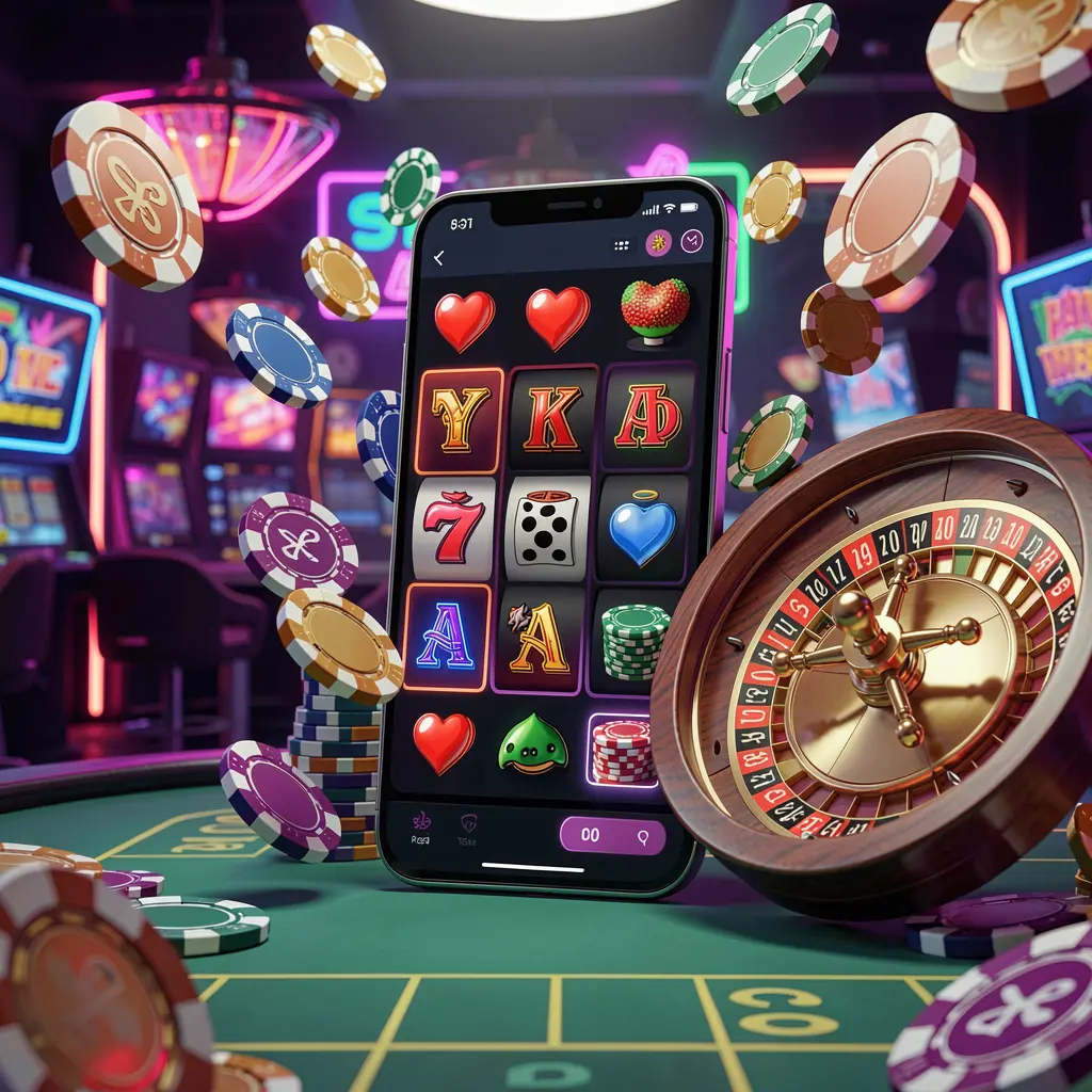 TK6688 casino entertainment homepage concept featuring a modern mobile phone surrounded by slot symbols, roulette wheel, chips, and coins floating against a neon casino background in a premium 3D render TK6688 casino entertainment homepage concept featuring a modern mobile phone surrounded by slot symbols, roulette wheel, chips, and coins floating against a neon casino background in a premium 3D render